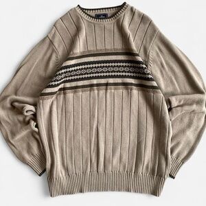Dockers Men’s Tan Brown Cotton Knit Striped Crewneck Sweater